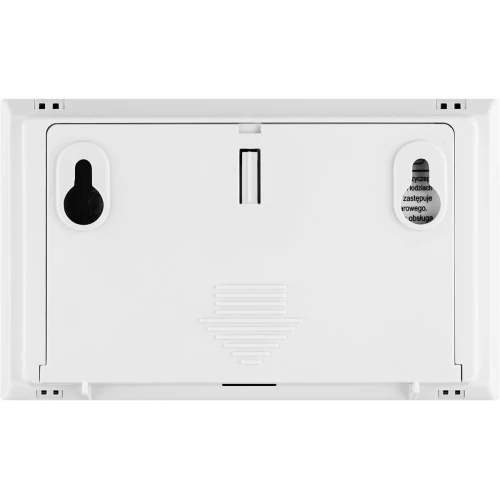 The image shows the back view of a white carbon monoxide detector with two mounting holes and a central slot for battery access. The device features a textured area for enhanced grip during installation.