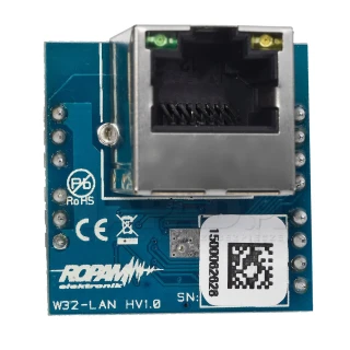 A blue Ethernet expander module with a prominent RJ45 port and various electronic components is shown. The circuit board features printed labels and certification marks, indicating compliance and branding.