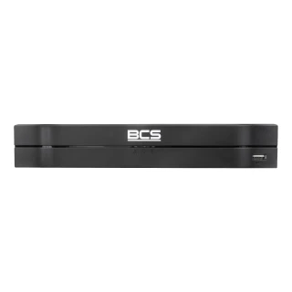 A sleek black 8-channel BCS video recorder with a minimalist design and front-facing USB port. The device features a simple interface with indicator lights for easy monitoring.