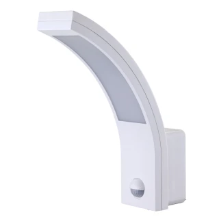 Modern white LED wall lamp with a sleek, curved design and integrated motion sensor. Ideal for outdoor use, providing efficient lighting and enhanced security.