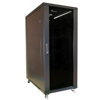 A black server rack cabinet with a glass front door and a sturdy metal frame, featuring a lockable handle for security. The cabinet is equipped with wheels for easy mobility and ventilation slots for efficient cooling.