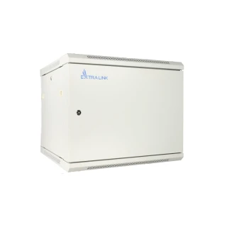 The image shows a white Extralink wall-mounted network cabinet with a lockable front door and ventilation slots on the sides. It is designed for organizing and securing networking equipment in a compact and efficient manner.