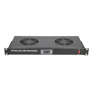 The image shows a 1U rack-mounted fan unit with a built-in thermostat, designed for efficient cooling in server racks. It features two cooling fans, a digital display for temperature control, and an on/off switch for easy operation.
