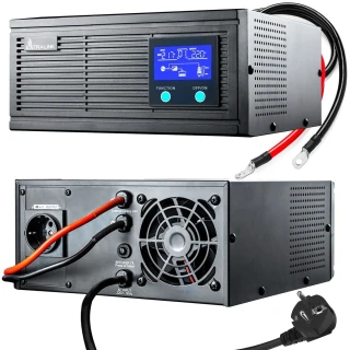 The image shows a black Extralink inverter with a digital display on the front panel, featuring function and power buttons. The back of the inverter displays various ports, a cooling fan, and attached cables with a European plug.