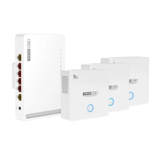 The image shows a set of Totolink networking devices, including a main router with multiple Ethernet ports and three compact mesh units. Each unit features a sleek white design with a blue LED indicator on the front.