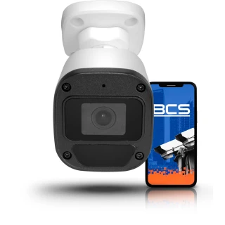 Outdoor security camera with a sleek black and white design, featuring a durable mounting bracket. The camera is shown alongside a smartphone displaying a security app interface.