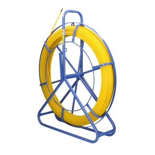 A yellow fiberglass duct rodder is coiled neatly on a sturdy blue metal frame with a handle for easy transport. The design is ideal for guiding cables through conduits efficiently.