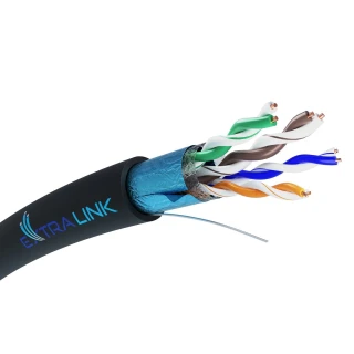 The image shows a high-quality Ethernet cable with a black outer sheath and twisted pairs of colored wires inside. The cable features foil shielding for enhanced protection against interference, and the brand name "Extralink" is printed on the sheath.