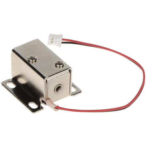 A compact, rectangular metal solenoid lock with a silver finish, featuring two mounting holes on its base. It has a red and black wire with a white connector for easy installation.