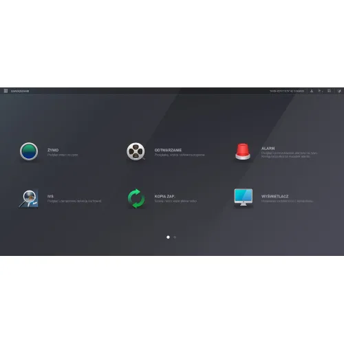 The image displays a user interface with six icons representing different functions: live video, playback, alarm, intelligent video surveillance, backup, and display settings. Each icon is accompanied by a brief description in Polish, set against a dark background.