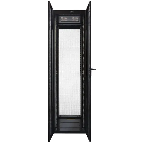 The image shows a tall, black server rack cabinet with a mesh front door for ventilation. It features adjustable mounting rails and a lockable handle for secure storage of networking equipment.