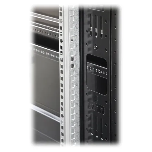 Close-up of a metal server rack frame with numbered slots and perforated panels for cable management. The design features a combination of silver and black finishes, providing a sleek and functional appearance.