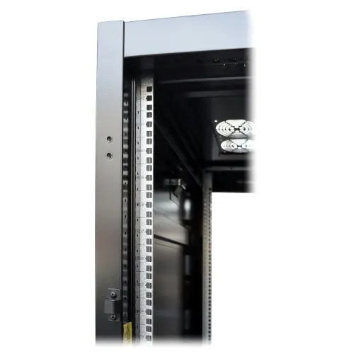 The image shows the interior of a metal server rack cabinet with adjustable mounting rails and a cooling fan at the top. The cabinet features a sturdy frame with a sleek black finish, designed for efficient organization and ventilation of electronic equipment.