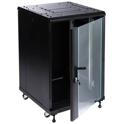 A black server rack cabinet with a transparent glass door, featuring a lock and ventilation slots on the top. The cabinet is equipped with wheels for easy mobility and has an open front for convenient access.