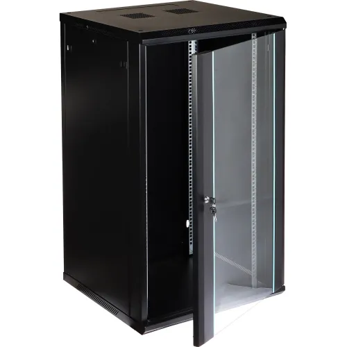 A black, wall-mounted server rack cabinet with a transparent glass door and a secure locking mechanism. The cabinet features ventilation slots on the top and adjustable mounting rails inside.