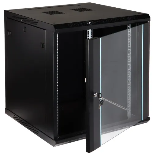 A black wall-mounted server rack cabinet with a glass front door and lock, designed for secure storage of networking equipment. The cabinet features ventilation slots on the top and sides for optimal airflow.