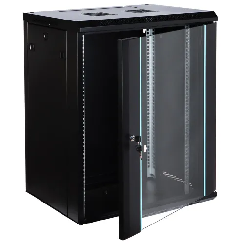 A black wall-mounted server rack cabinet with a transparent glass door, featuring a lock and key for security. The cabinet has ventilation slots on the top and adjustable mounting rails inside.
