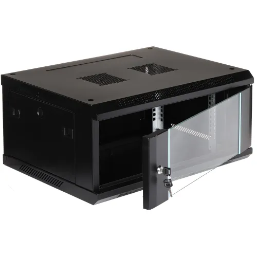 A black wall-mounted server rack cabinet with a transparent glass door and lock, featuring ventilation slots on the top and sides. The cabinet includes adjustable mounting rails for organizing network equipment.
