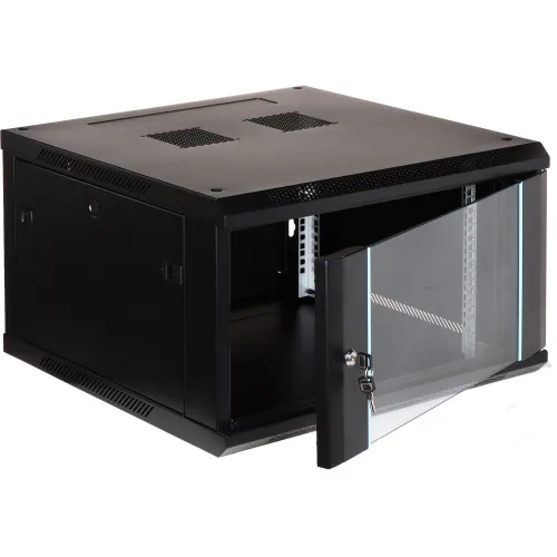 A black wall-mounted server rack cabinet with a transparent glass door and lock, featuring ventilation slots on the top. The cabinet is designed for secure and organized storage of networking equipment.