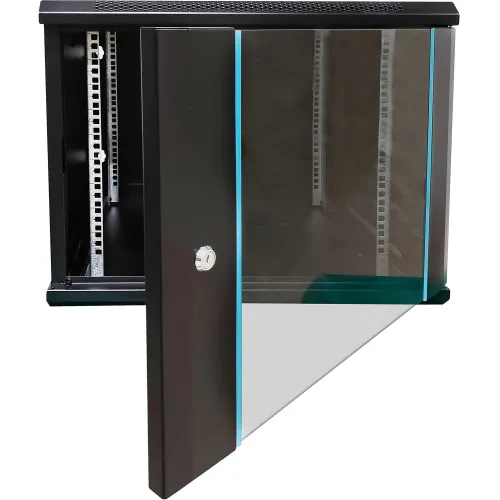 A black wall-mounted server rack cabinet with a transparent glass door and lock, featuring adjustable interior rails for versatile equipment installation. The cabinet has ventilation slots on the top for efficient airflow.