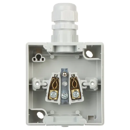 The image shows an open, gray electrical junction box with visible internal wiring components and screw terminals. It features a cable gland on top for secure cable entry.