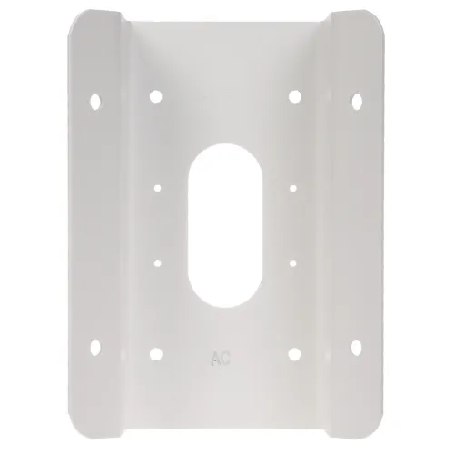 A white metal mounting bracket with multiple holes for versatile installation options. The bracket features a central oval cutout and is designed for secure attachment to various surfaces.