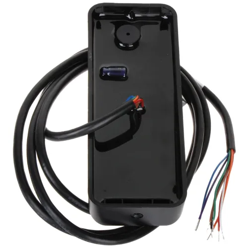 A black electronic device with a glossy finish features multiple colored wires extending from one end. The device appears to be a component for electrical connections or installations.