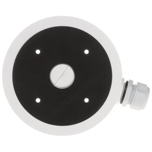 Round white mounting base with a black center and four screw holes, designed for secure installation. It features a side cable entry point with a protective connector.