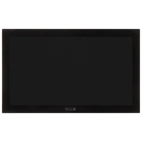 A sleek, black Vilux monitor with a minimalist design and a wide, flat screen. The monitor features a thin bezel, enhancing its modern and elegant appearance.