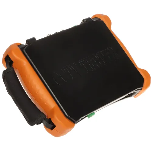 A portable CCTV tester with a robust black screen and protective orange casing, featuring a sturdy handle for easy transport. The device is designed for testing and troubleshooting surveillance camera systems.