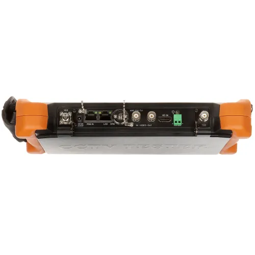 The image shows a CCTV tester device with multiple input and output ports, including LAN, HDMI, and BNC connections. The device features a rugged design with orange protective corners and a strap for easy handling.