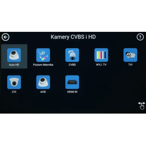 The image displays a digital interface for selecting camera modes, featuring options such as Auto HD, CVBS, and HDMI IN. Each mode is represented by a distinct icon on a black background, indicating various video input types for surveillance systems.