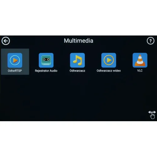 The image displays a multimedia interface with five application icons, including OdtwRTSP, Rejestrator Audio, Odtwarzacz, Odtwarzacz wideo, and VLC. Each icon is visually distinct, featuring symbols representing their respective functions on a dark background.