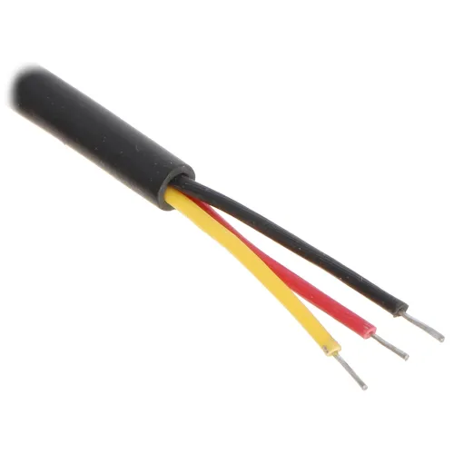 The image shows a black cable with three exposed wires in red, yellow, and black. The wires are neatly arranged, highlighting their distinct colors and metallic tips.