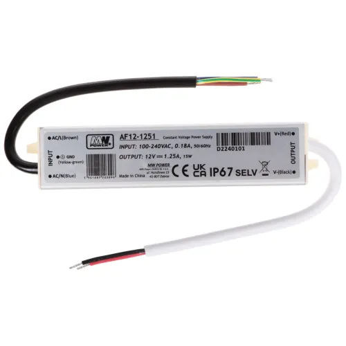 A rectangular MW Power constant voltage power supply with input and output wires is shown. The device is labeled with specifications including input voltage range, output voltage, and power rating, and features a durable casing with IP67 protection.