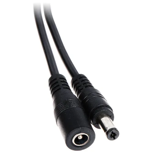 A black DC power extension cable with a male and female connector, designed for extending the reach of power adapters. The connectors feature ribbed grips for easy handling and secure connections.