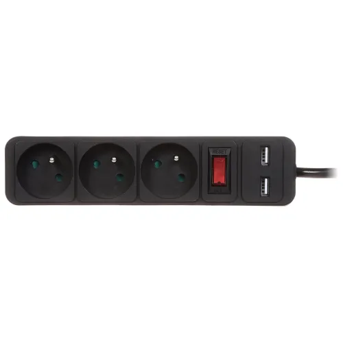 A black power strip featuring three European sockets, a red on/off switch with a reset button, and two USB ports for charging devices. The compact design is ideal for home or office use, providing versatile power options.