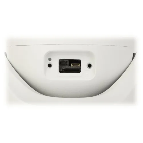 Close-up of a white electronic device showing a USB port and a microSD card slot. The design features a smooth, curved surface with two small screw holes for mounting.