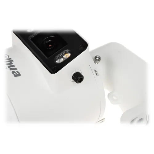 A white security camera with a sleek design features a prominent lens and an adjustable mounting bracket. The camera includes a visible brand logo and a small control knob for easy adjustments.