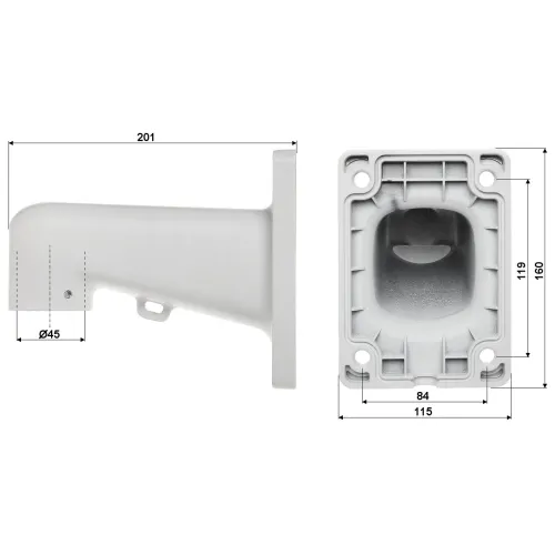 A white, rectangular wall mount bracket designed for security cameras, featuring a sturdy construction with precise measurements indicated for installation. The bracket includes a circular opening and multiple screw holes for secure attachment.