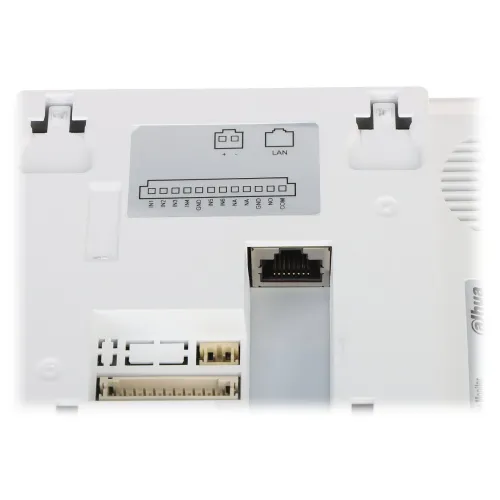 The image shows the back panel of a white electronic device featuring a LAN port and multiple connection terminals. The layout includes labeled ports for various inputs and outputs, designed for easy connectivity and integration.