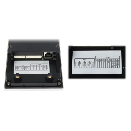 The image shows the back panel of an electronic device featuring a connector interface with labeled pin configurations. The labels indicate various pin functions for 8-pin and 12-pin connections, providing clear guidance for installation.