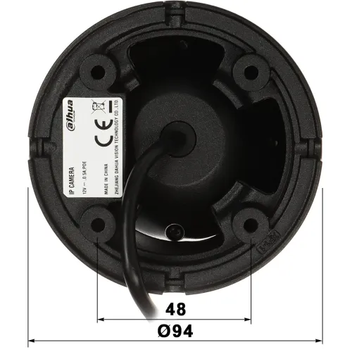 The image shows the bottom view of a black Dahua IP camera mount with a central cable outlet. The mount features a circular design with dimensions marked as 48 mm in height and 94 mm in diameter.