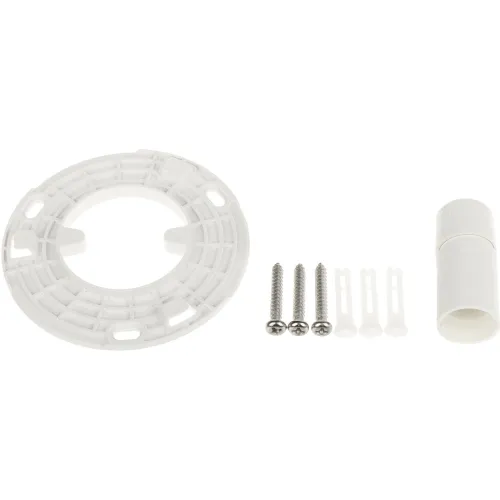 A white plastic mounting bracket set includes a circular bracket, three screws, and three wall plugs. The set also features a cylindrical connector piece for secure installation.