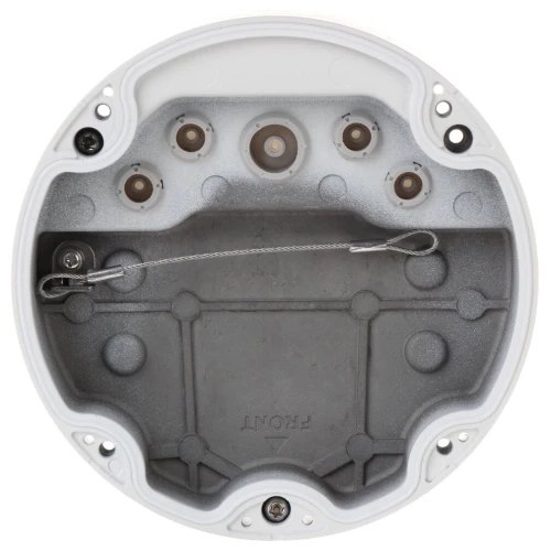 The image shows the underside of a round, white security camera mount with multiple screw holes and a metal safety cable. The mount features a gray central area with labeled connection points for secure installation.