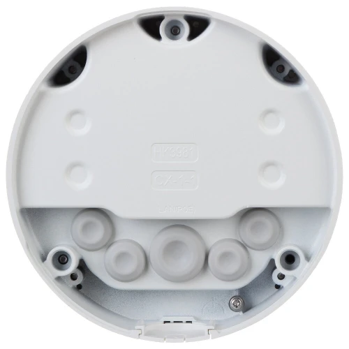 A round, white plastic base with multiple circular indentations and mounting points, designed for securing a smoke detector or similar device. The base features a central area with embossed text and several screw holes for installation.