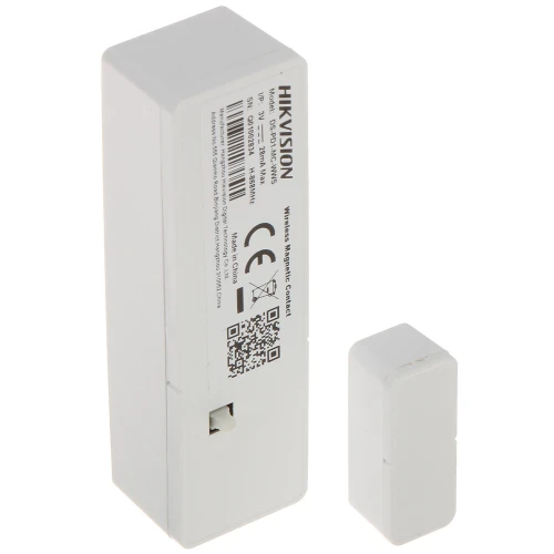 The image shows a Hikvision wireless magnetic contact sensor, consisting of a larger rectangular unit and a smaller magnet piece. Both components are white and designed for security systems to detect door or window openings.