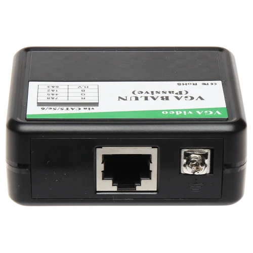 A black VGA balun with a passive design features a VGA video port and an RJ45 connector for transmitting video signals over CAT5/5e/6 cables. The compact device is labeled with technical specifications on the top surface.