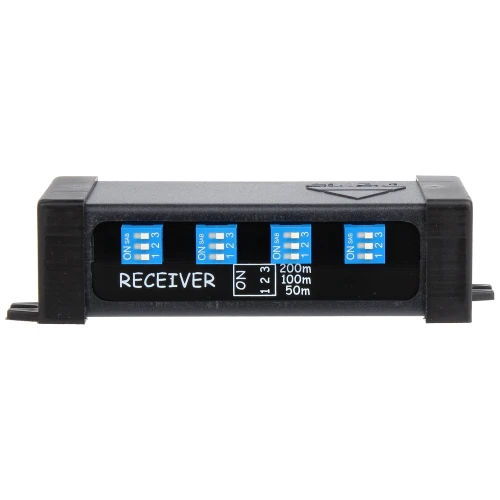 A black electronic receiver with a rectangular shape features four blue dip switches labeled 1, 2, and 3, and an "ON" switch. The front panel displays distance settings of 200m, 100m, and 50m.