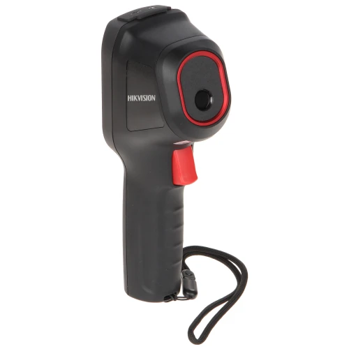 A handheld thermal imaging camera with a sleek black and red design, featuring a comfortable grip and a wrist strap for secure handling. The device is branded with the Hikvision logo and has a prominent lens on the front.